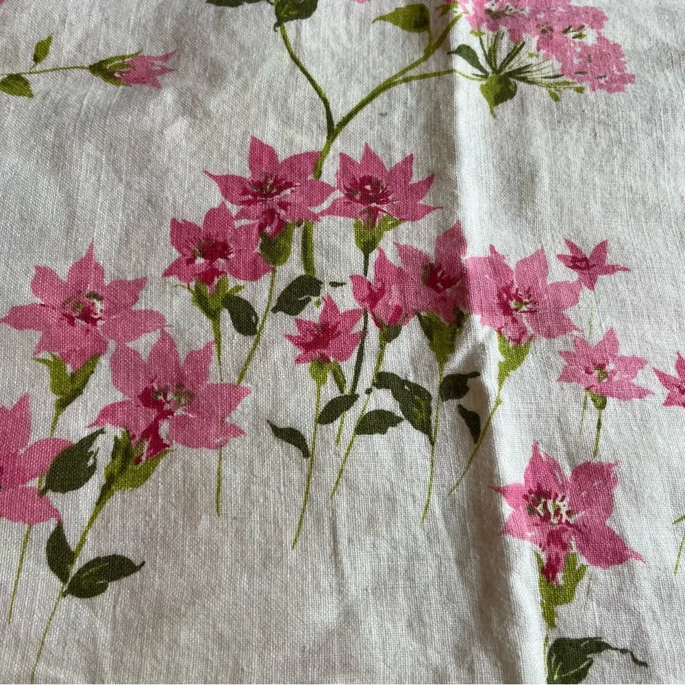 Vintage Linen Square Tablecloth with Pink Flowers